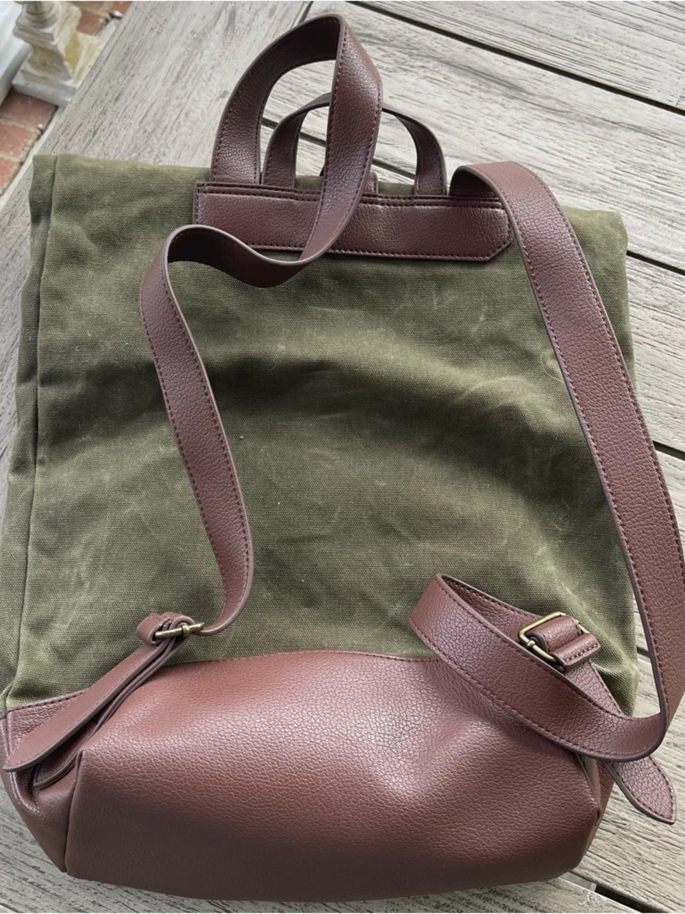 Olive Green Canvas Roll-Top Backpack with Brown Leather Trim